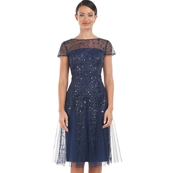 JS Collections Alyssa Sequin Godet Cocktail Dress Navy 6 - Picture 1 of 12